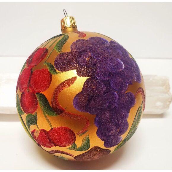 Hand Painted Ornament 4"Brassy Gold Jewel Tone Fruits Flocked Texture w/ Sparkle - Picture 6 of 14